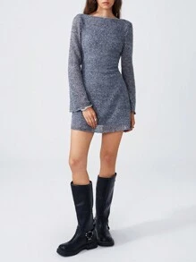 LYSMO 1pc Fashionable Fluffy Mini Back Cutout Dress, Autumn - Grey - View 1