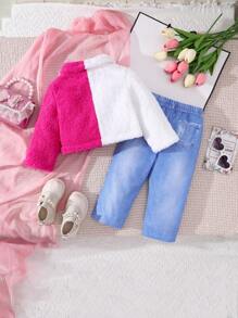 2pcs Baby Girl White + Rose Red Short Fuzzy Top + Digital Print Denim Pants Casual Outfit Set - Multicolor - View 2