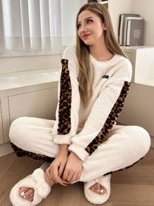 Bộ đồ ngủ dài tay họa tiết da báo, quần dài, áo nỉ, quần áo thu đông, ấm áp - Nhiều màu - Xem 6
