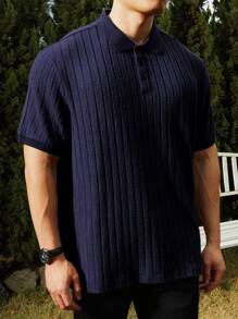 Manfinity Homme Áo thun polo tay ngắn màu trơn cỡ lớn cho nam đi làm thường ngày - Màu xanh hải quân - Xem 4