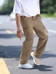 Manfinity Homme 男式休闲宽松直筒工装牛仔裤，带翻盖口袋 - 卡其色 - 查看 3