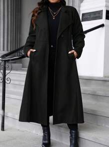 SHEIN LUNE 大码纯色纽扣口袋长袖长外套，秋冬