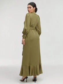 Veilorie Women Dresses Berikat Ruffle Hem Membungkus Plain Anggun - Hijau Tentara - View 2