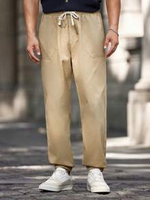 Manfinity Homme 1 件装 男士纯色抽绳口袋休闲慢跑裤 - 卡其色 - 查看 3