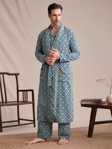 1pc Men's Long Sleeve All Over Print Pocket Sleepwear Robe, Casual Everyday Wear