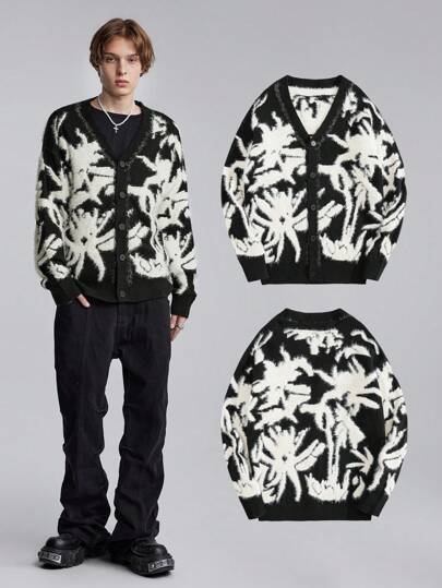 Street Life Cárdigan casual de cuello en V de jacquard estampado con un solo abotonado, adecuado para uso diario