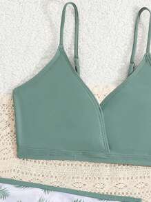 3pcs Young Girl Two-Tone Leaf Print Bikini Swimwear Set, Summer Beach - Army Green - View 4