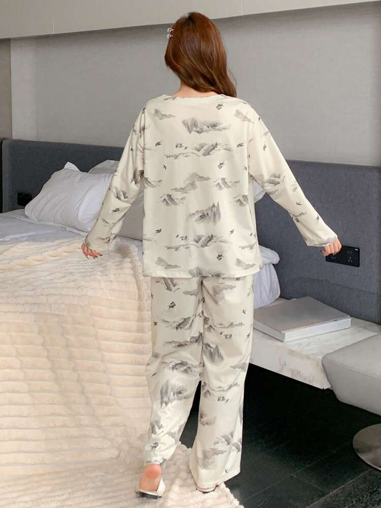 Chinese Style Ink Painting Pattern Loose Pajama Set