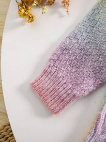 女童甜美渐变色彩虹条纹荷叶边下摆连衣裙，冬季