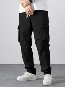 Manfinity Homme Men's Casual Solid Color Drawstring Cargo Pants, Suitable For Autumn, Fall - Black - View 5