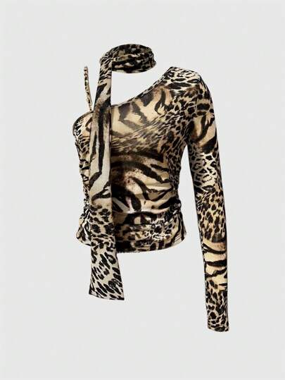 Grunge Punk Camiseta de manga larga con hombros descubiertos y ajustada, con bufanda, de estilo Y2K de Harajuku para mujer