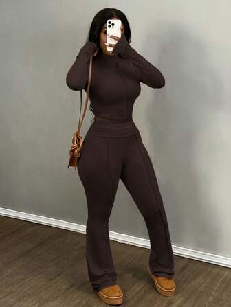 Slaydiva 2pcs/Set Women Casual Solid Color Stand Collar Long Sleeve Fitted T-Shirt And Flared Pants Set, Autumn