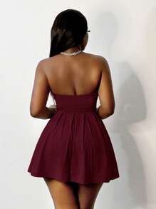 Slaydiva 休闲抹胸褶皱迷你连衣裙，灰色 - DD - 酒紅色 - 查看 2