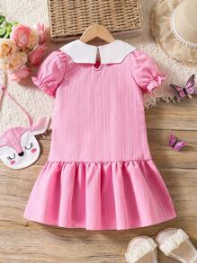 SHEIN Young Girl'Cool Kid Vertical Striped Pink Casual Dress,Summer Fairy Style With White Collar,Cartoon Bag Decor,Soft Fabric For Family Matching Wear - Hot Pink - View 2