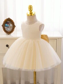 Glamorique Kids 圣诞派对装女婴蕾丝缎带蝴蝶结装饰公主裙，金色亮片珠饰，圣诞老人裙，圣诞女婴裙，香槟色礼服，适合女婴派对、生日、新年 - 香檳色 - 查看 3