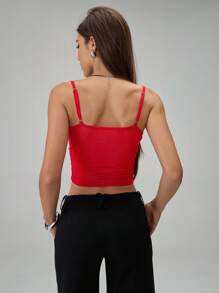 SHEIN Unity 纯色蕾丝拼布荷叶边优雅无袖吊带背心 - 紅色 - 查看 2