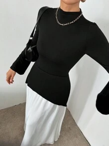 SHEIN Essnce 女士优雅双色漏斗领喇叭袖二合一超长连衣裙、礼服、女士正装、新年前夜连衣裙、黑白、长裙、 - 黑與白 - 查看 5