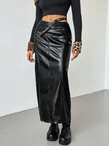 SHEIN X Belinda SHEIN Essnce Women's PU Leather Long Skirt With Buckle Corset Waist Design - Black - View 4