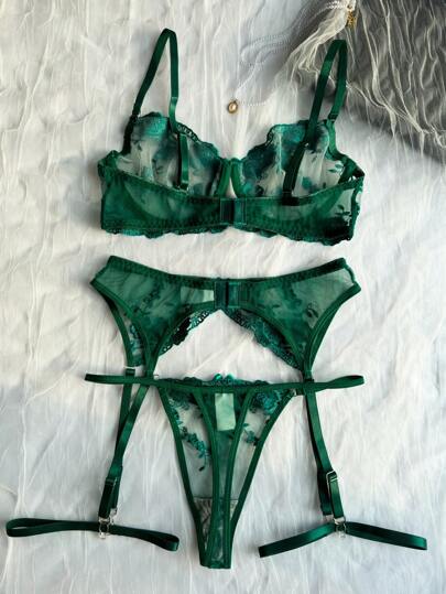 Women Bloemen Geborduurde Mesh Lingerie Set, Verleidelijke Underwear Set Going Out view 2