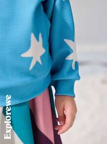 SHEIN 2 Pieces Young Girl' Two Pieces Suit, Round-Neck Long-Sleeved Star Sweatshirt With Interesting Design Striped Skirt, Girls Can Wear Two Pieces Suits In All Seasons, Suitable For City Play, Daily Wear, Partying, School And Other Scenes - Multicolor - View 4