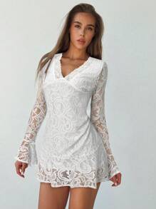 Aloruh Robe longue à manches longues avec dentelle contrastante, pour l'automne