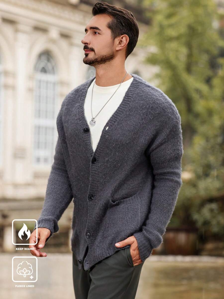 Manfinity Homme Cárdigan informal de un solo pecho con mangas largas y hombros caídos de color liso para hombre, otoño/invierno