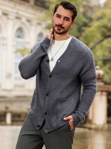 Manfinity Homme Cárdigan informal de un solo pecho con mangas largas y hombros caídos de color liso para hombre, otoño/invierno