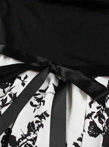 Qadelle Đầm Maxi Cổ Tròn In Hoa Thanh Lịch Cho Nữ Tay Dài Có Viền Xòe Lớn Cho Mùa Xuân/Hè - Đen và trắng - Xem 3