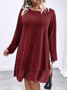 SHEIN LUNE Plus Size Women Solid Color Round Neck Long Sleeve Ruffle Hem Casual Dress, Autumn Burgundy Color Women Outfit