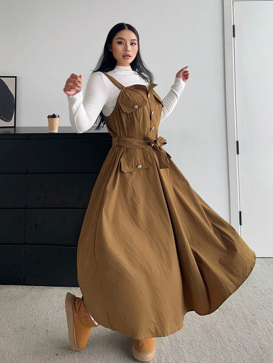 Flirla 大码女式休闲优雅长吊带连衣裙 - 摩卡棕 - 查看 1