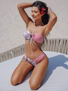 Women's 2pcs Contrast Ditsy Floral Strapless Bikini Set With Detachable Straps Summer - Pink - View 5