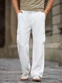 Manfinity Homme Men's Solid Color Front Button Multi-Pocket Casual Cargo Pants , Simple Design - White - View 3
