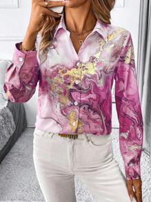 SHEIN Clasi Women's Elegant Commuter Marble Print Front Button Blouse For Autumn