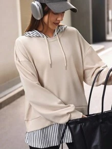 Tropiluxe New Autumn Fashionable Casual Striped Loose 2 In 1 Hooded Long Sleeve Sweatshirt For Women Sportwear For Daily Wear