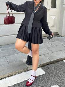 Flirla Plus Size Suit Collar Placket Pleated Skirt 2 Pieces Set Workwear & Date Outfit, Black Fall Cloth For Women - Black - View 4