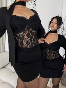 Allurite Áo thun dài tay cổ yếm ôm sát, phối ren, khoét rỗng, gợi cảm - màu đen - Xem 1