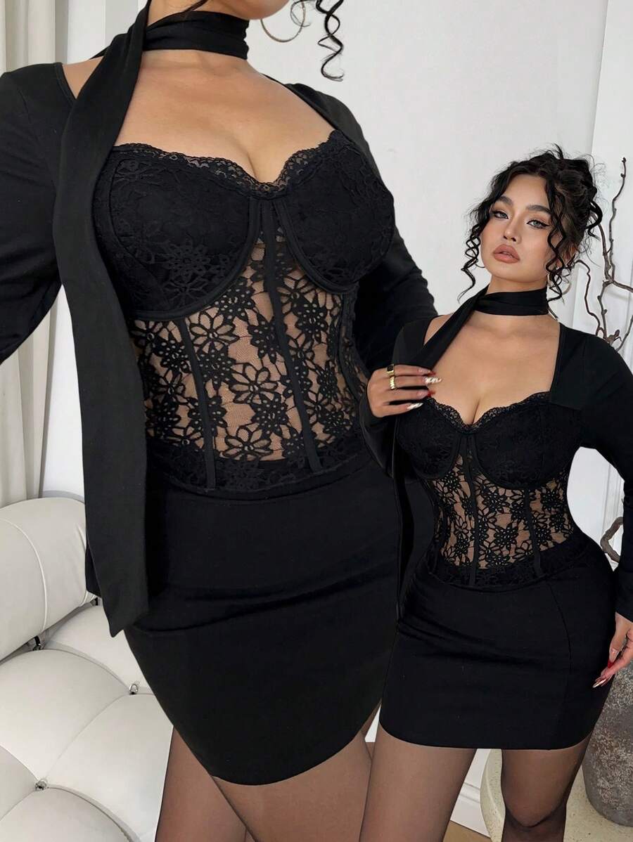 Allurite Áo thun dài tay cổ yếm ôm sát, phối ren, khoét rỗng, gợi cảm - màu đen - Xem 1