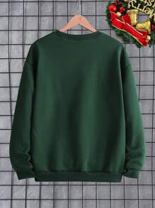 Manfinity 1件男士时尚休闲圣诞标语和彩球图案印花抓绒圆领卫衣，适合家庭圣诞派对和作为圣诞礼物，长袖上衣 - 墨綠色 - 查看 2