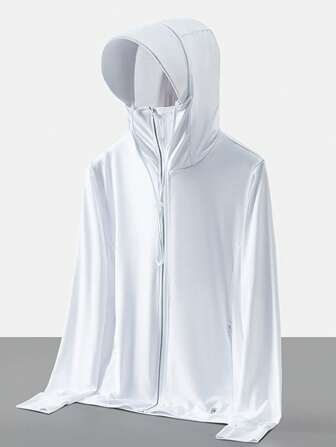 Manfinity Chillmode Erkekler İçin Basit Tek Renk Fermuarlı Kapüşonlu Günlük Açık Hava Güneş Korumalı Ceket