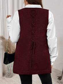 EMERY ROSE Plus Size Casual Solid Solid Color Pullover Mouwloos Knoopdetail Achterkant Trekkoord Los Hoog Laag Sweater Vest Herfst Dames Sweater Vesten,Western Dameskleding,Winter Sweater Vesten
