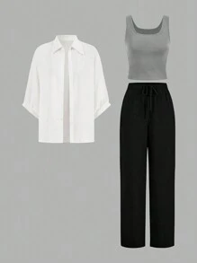 SHEIN LUNE Conjunto de 3 piezas de mujer a cuadros blancos y negros, que incluye camisa, traje y pantalones de pierna ancha, estilizador, nueva colección otoño 2024