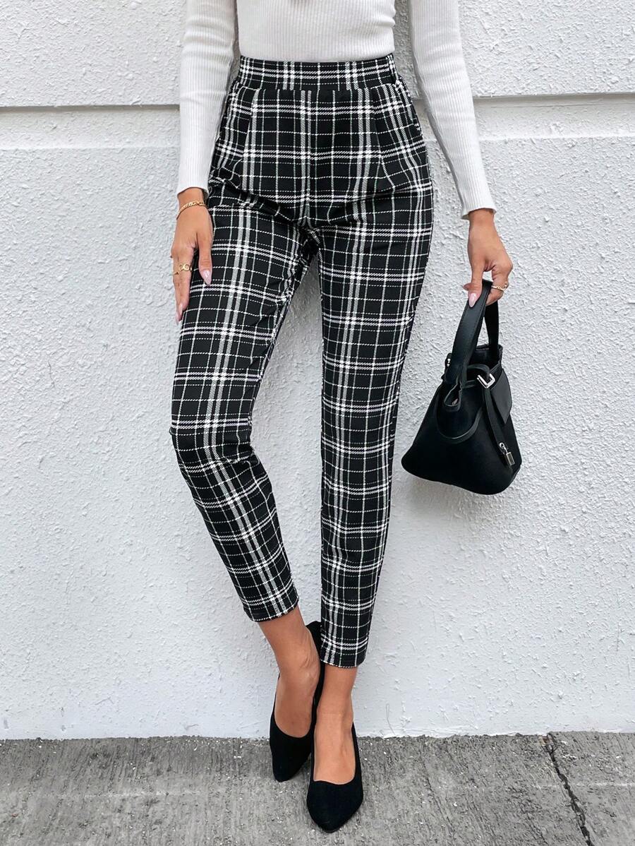 EMERY ROSE 女士高腰格纹紧身休闲裤