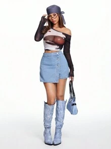 SHEIN EZwear Button Front Denim Skort - Light Wash - View 3