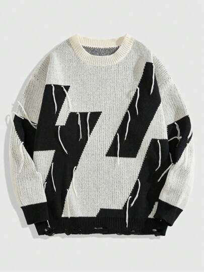 Prep Herren Vintage Streetwear Rundhals Zweifarbiges Flicken Fransen Pullover