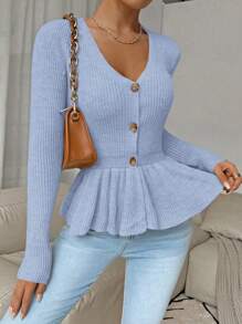 Chiquease Áo sơ mi nữ tay dài cài nút phía trước đơn giản - Màu xanh nhạt - Xem 3