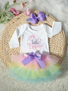 SHEIN 新生儿拍照装 - 刺绣三角连体衣，撞色薄纱芭蕾舞短裙套装，配蝴蝶结头带，新生儿回家装 - 彩色 - 查看 7