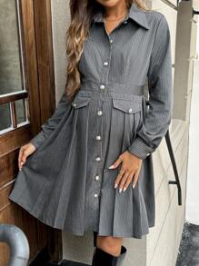 SHEIN Maternity Front Button V-Neck Long Sleeve Faux Pocket Striped Casual Dress