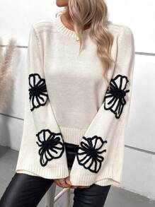 SHEIN LUNE Suéter casual de malha com estampa floral em cores contrastantes e mangas flare, ideal para outono/inverno. - Damasco - Ver 8