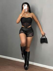 Slaydiva 性感街头时尚水钻装饰网眼和 PU 拼布超短裤 - 女款 - 黑色 - 查看 7