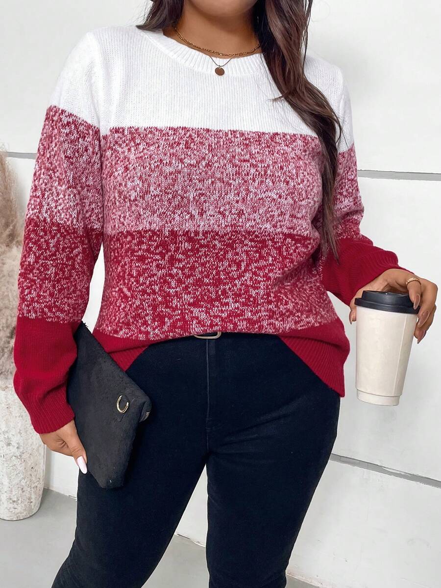 SHEIN LUNE Plus Size Women Casual Contrast Color Pullover Sweater, For Winter - Red - View 1